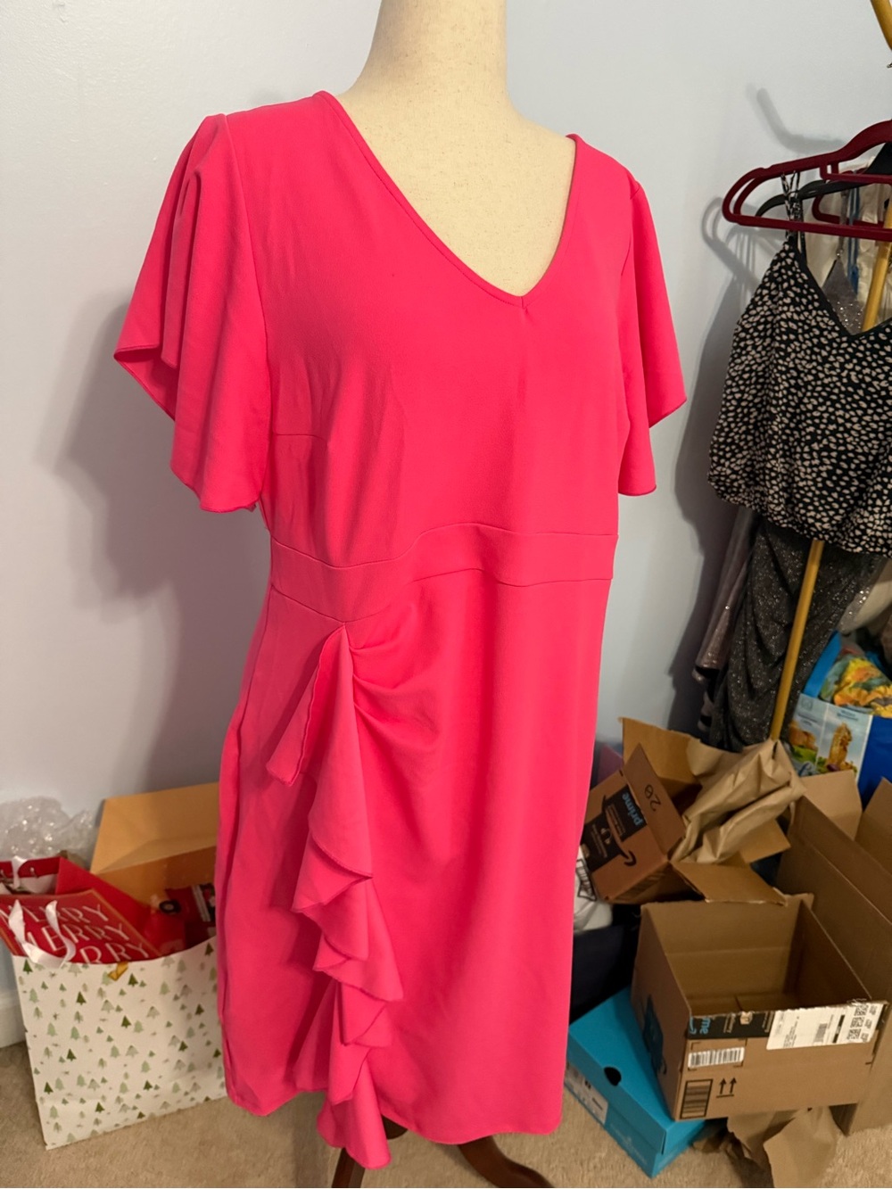 Hot Pink V-Neck Flutter Sleeve Dress